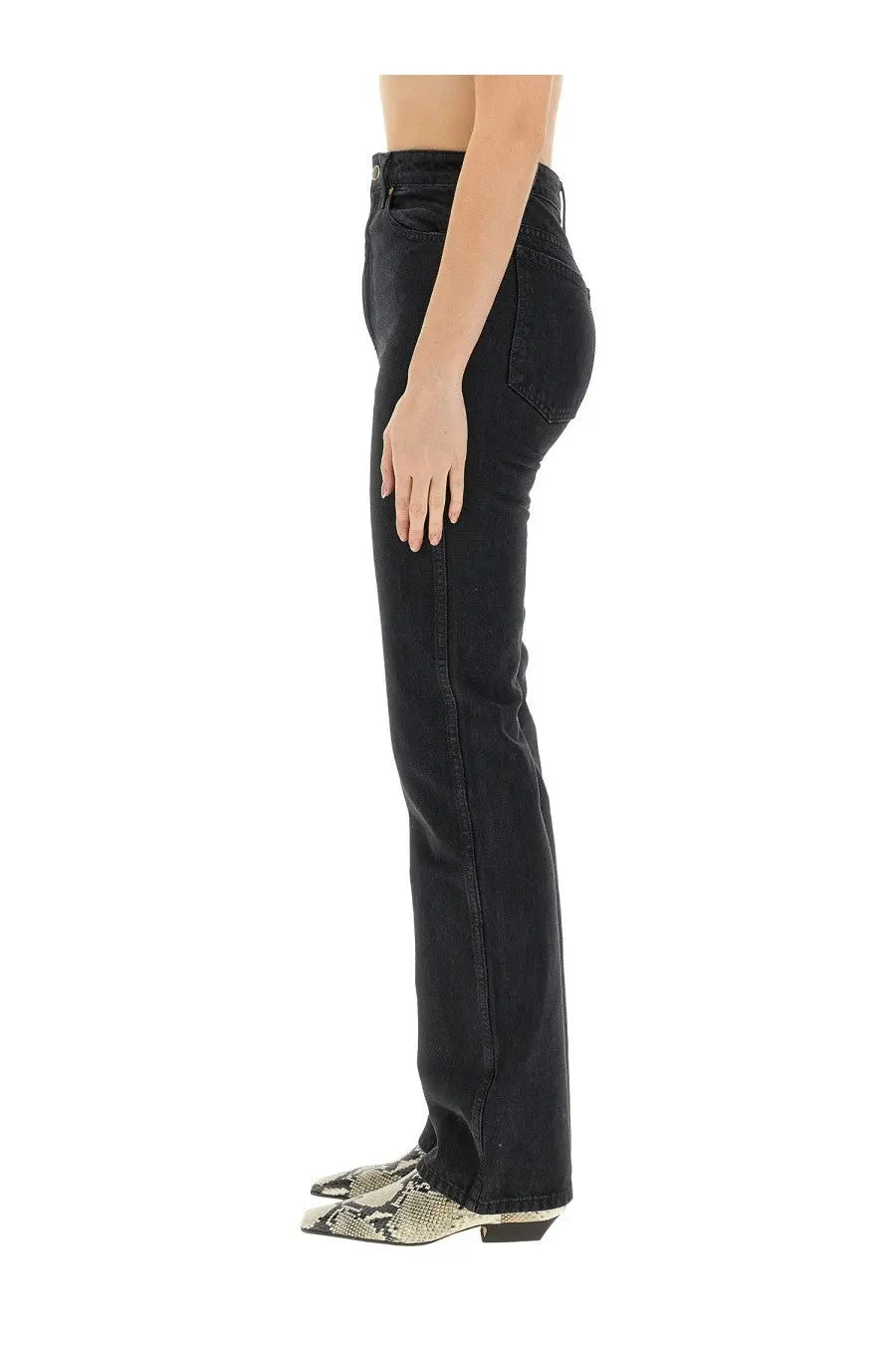 Khaite women’s high-waisted black denim flare jeans with straight-leg cut and subtle thigh fading