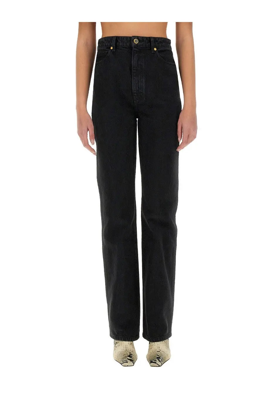 Khaite women’s jeans Danielle black high-waisted black denim jeans with straight-leg cut and gold-tone hardware