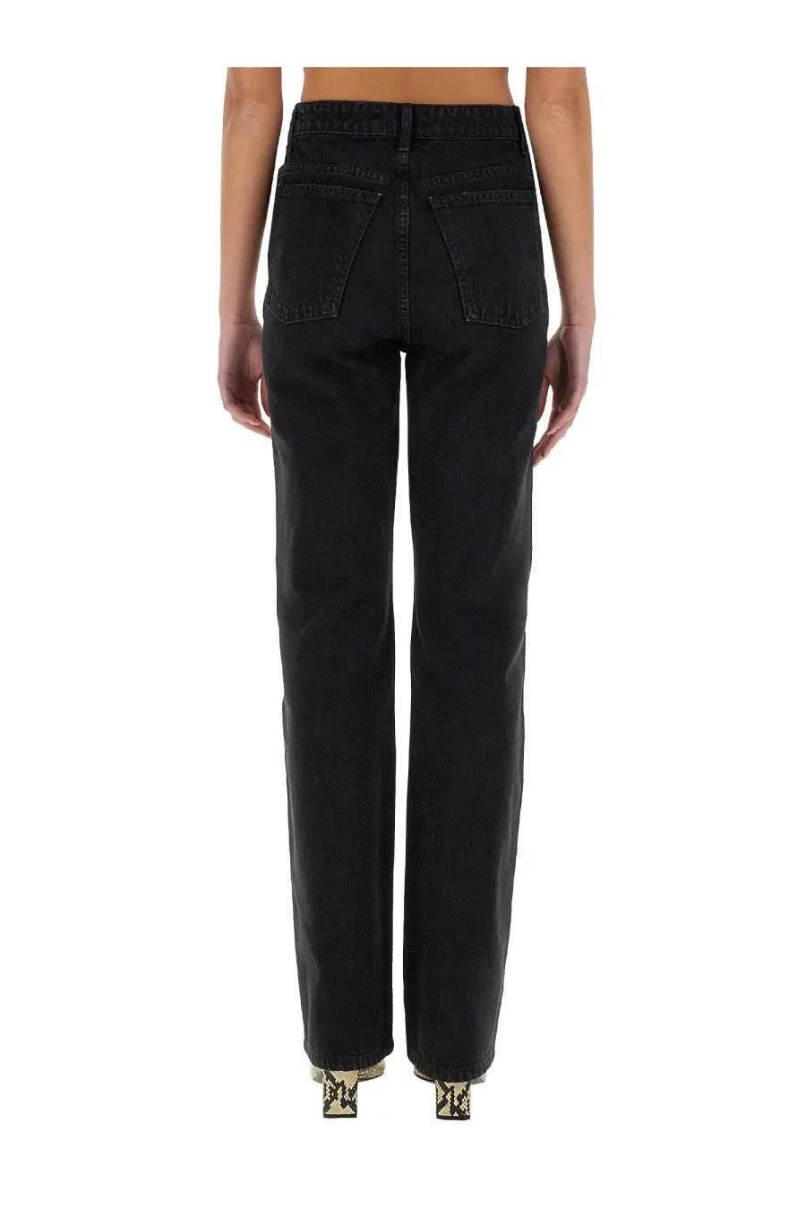 Back view of khaite women’s jeans danielle black high-waisted straight-leg denim jeans with classic back pockets