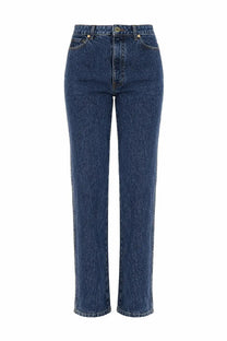 Khaite women’s jeans danielle blue high-waisted straight-leg denim jeans in medium blue wash with fading and reinforced stitching