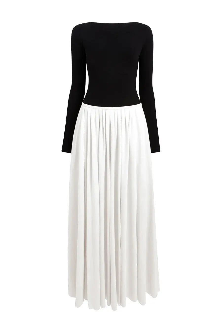 Khaite women’s long dress carlotta featuring a black long-sleeved top with white pleated skirt front view
