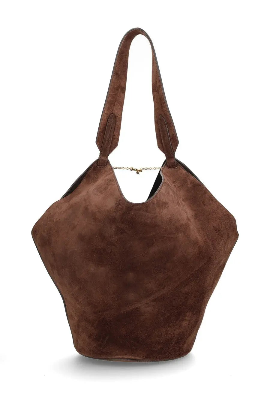 Brown suede hobo bag with chain detail at the top from khaite womens lotus tote bag collection