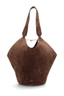 Brown suede hobo bag with asymmetrical shape and gold-tone chain detail from Khaite women’s lotus tote bag collection