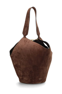 Khaite women’s lotus tote bag in brown suede with asymmetrical shape and gold-tone hardware accents