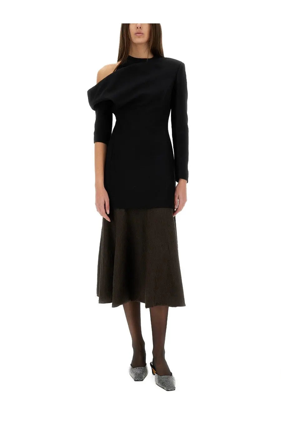Black off-the-shoulder dress with long sleeves and flared skirt in khaite women’s mayu skirt brown product image