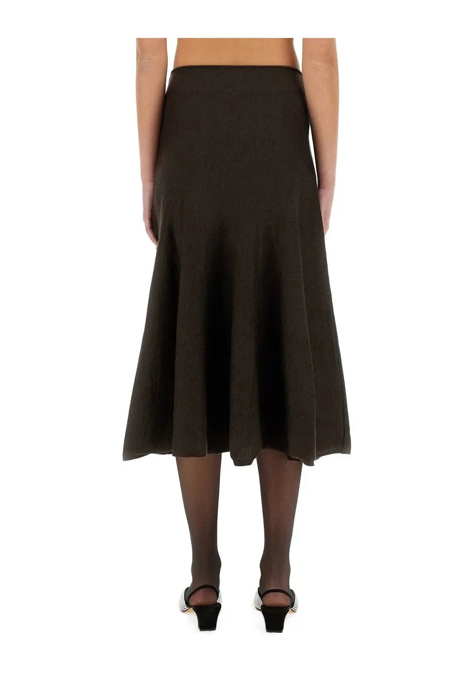Khaite women’s mayu skirt brown a sleek dark brown a-line midi skirt with smooth flowing fabric and subtle pleats along hem
