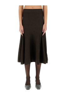Khaite women’s Mayu skirt brown sleek dark brown a-line midi skirt with smooth flowing fabric that flares gently from waist