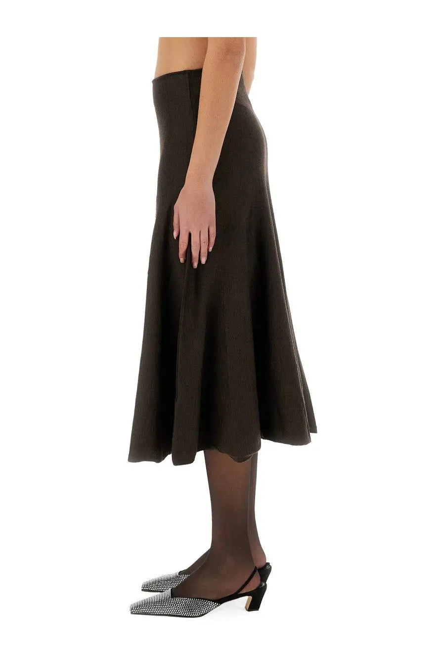 Khaite women’s mayu skirt brown sleek dark brown satin midi skirt with high waist and flared hem