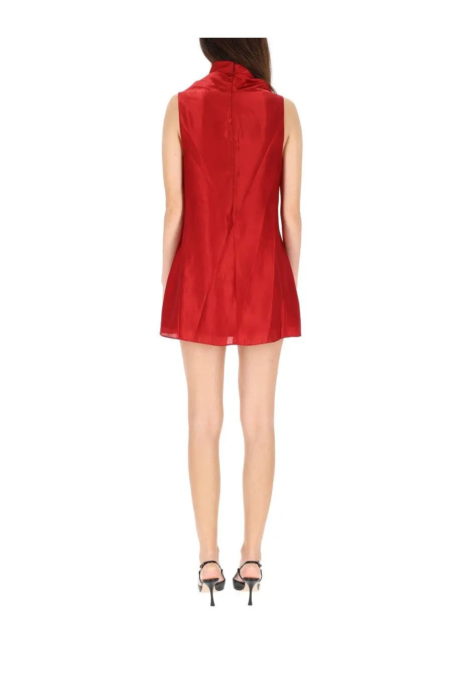 Khaite women’s mini dress Daria red vibrant sleeveless with high collar and back zipper shown from the back