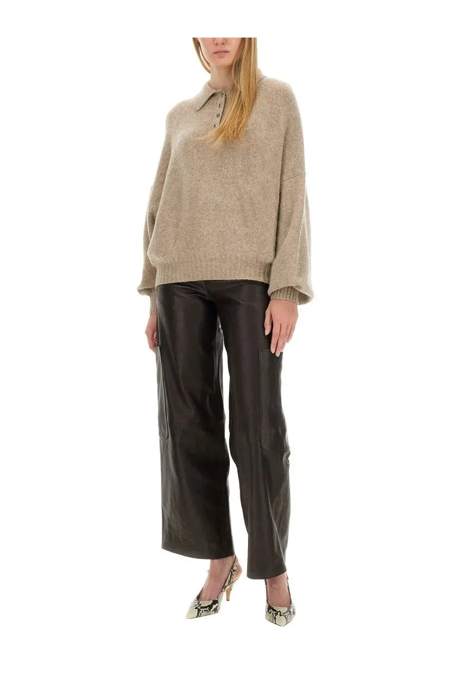 Beige textured knit sweater with collar and button detail paired with khaite womens caiton brown pants