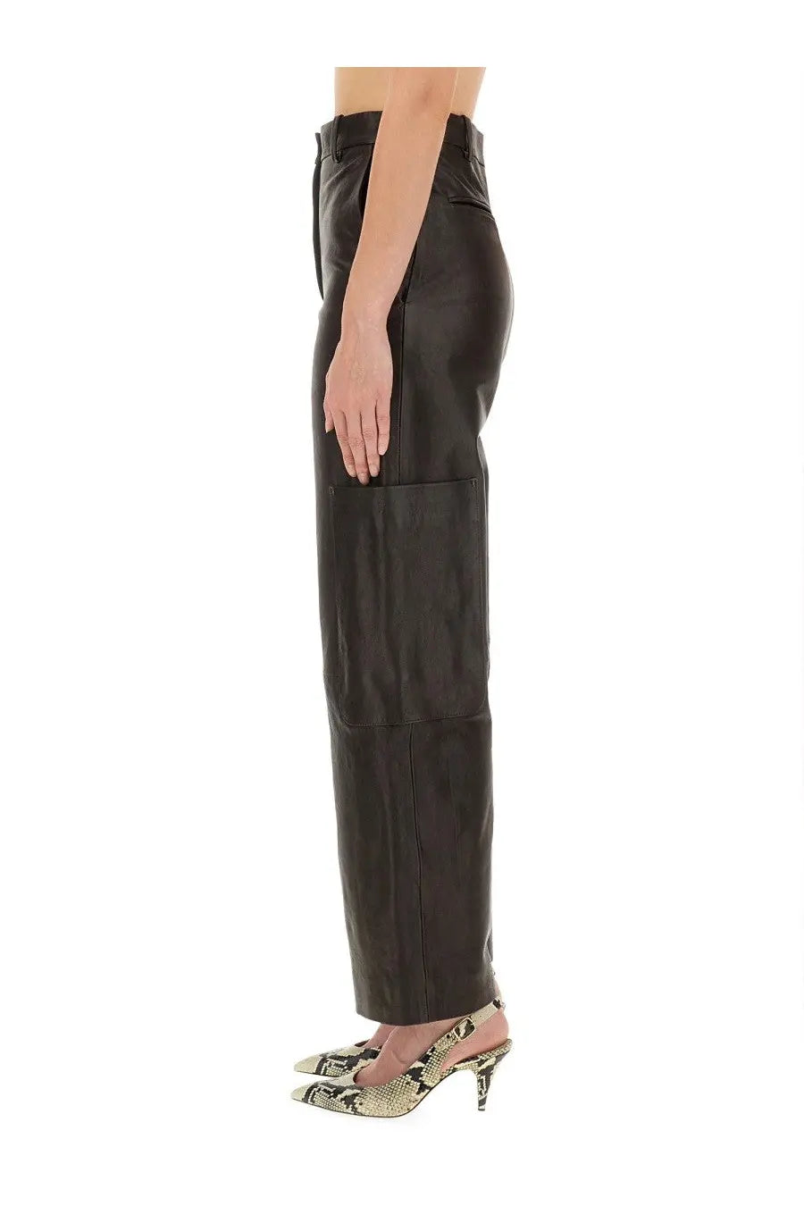Khaite women’s black leather high waist trousers with patch pockets in the caiton brown collection