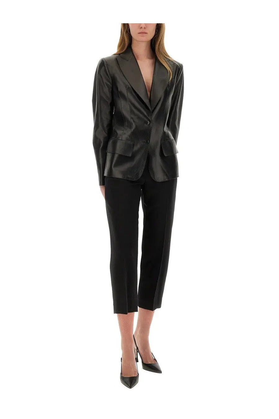 Black leather blazer with sleek tailored fit and classic double-breasted design for khaite women’s pants cam black