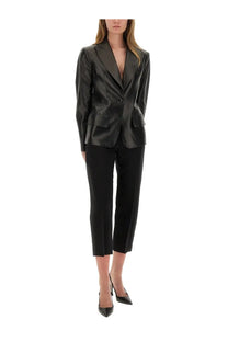 Black leather blazer with sleek tailored fit and classic double-breasted design for khaite women’s pants cam black