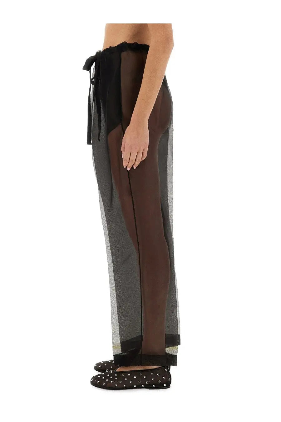 Khaite women’s black sheer mesh trousers with ruffled waistband and tie closure front view