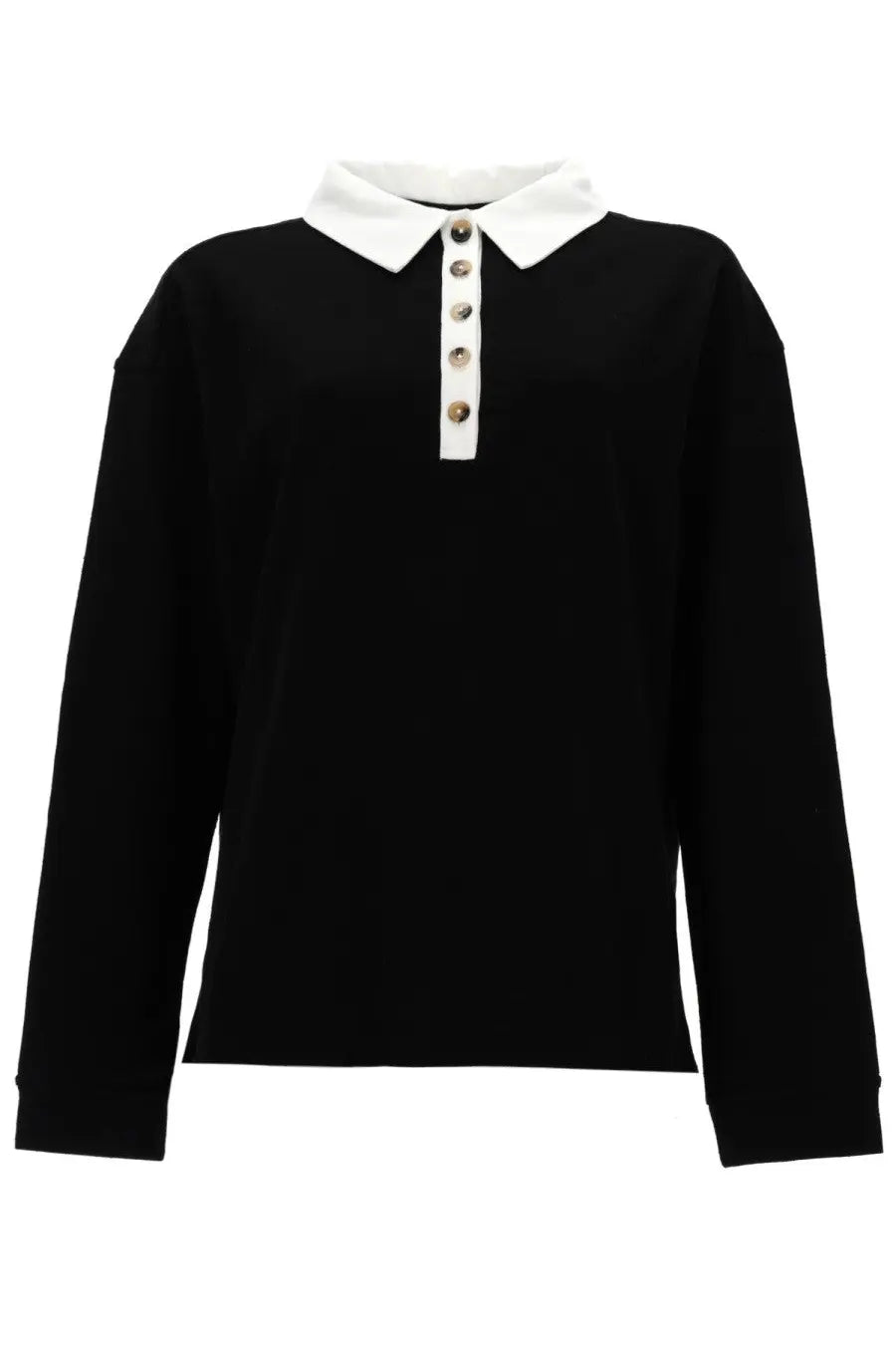 Khaite women’s polo faithful black long-sleeved shirt with white collar and matching button placket