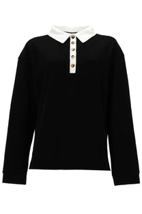 Khaite women’s polo faithful black long-sleeved shirt with white collar and matching button placket