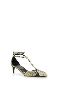 Beige and black snake-print t-strap heel with slender ankle strap from khaite womens pump mia pattern collection