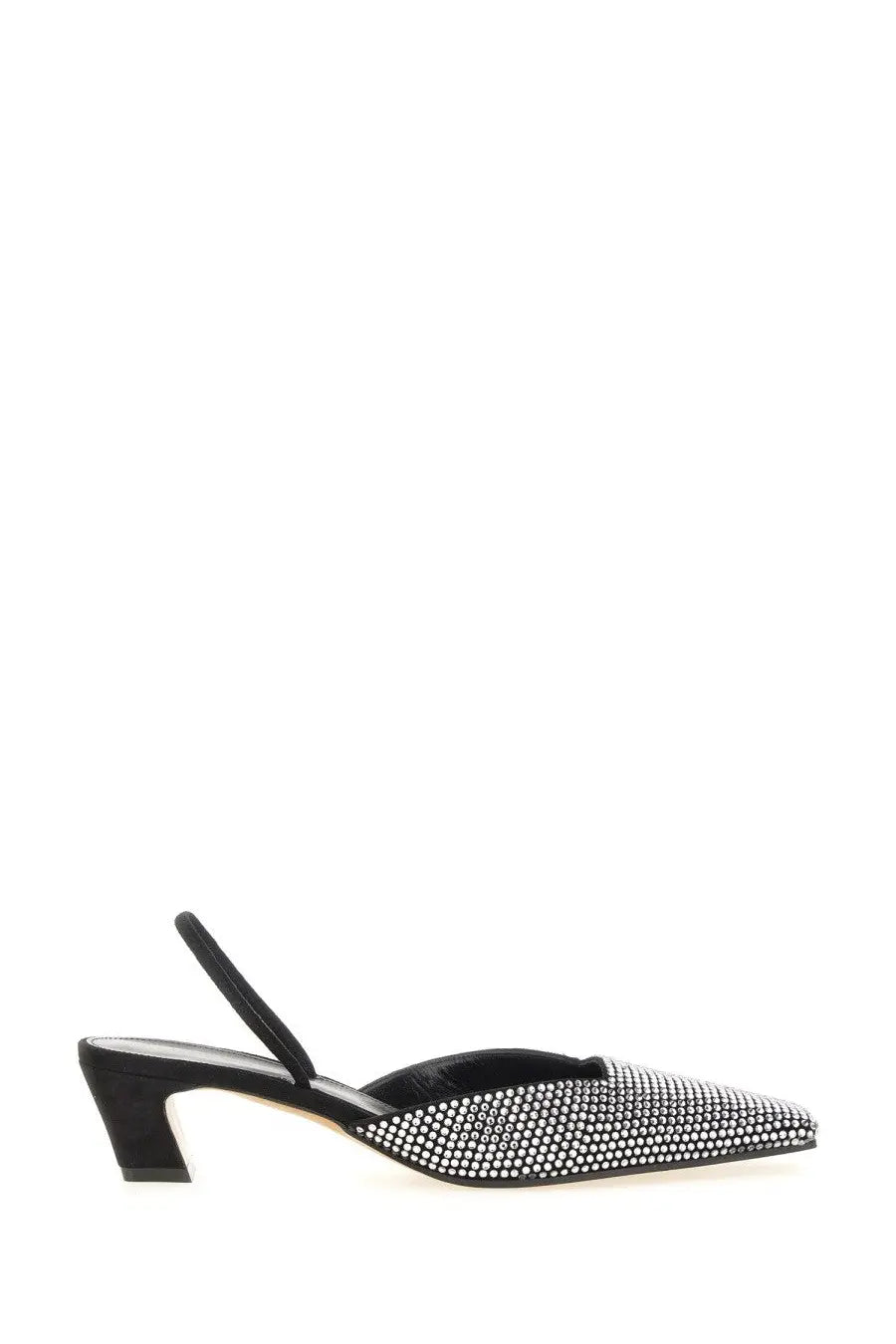 Khaite women’s Roosevelt shoe black satin slingback pump with pointed toe low block heel and rhinestone embellishments