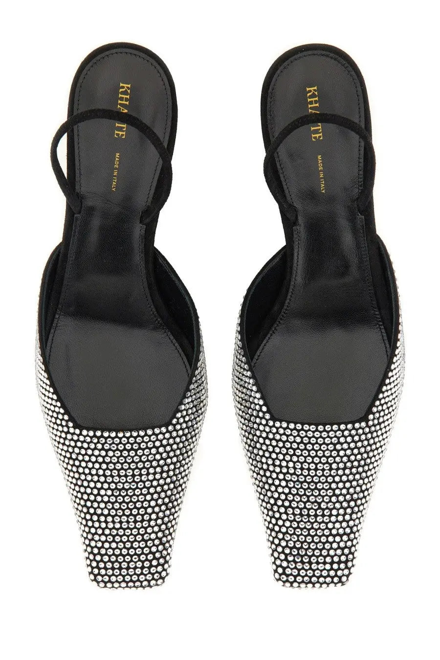 Khaite women’s Roosevelt black pointed-toe mules with silver rhinestone embellishments for stylish wear