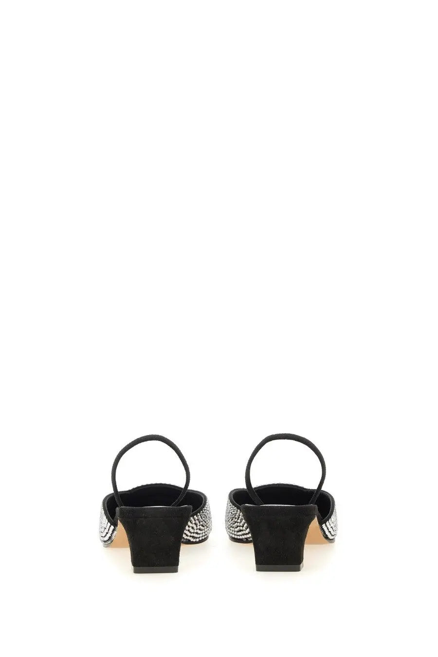 Khaite women’s Roosevelt shoe black suede mules with sparkling silver beaded sides and low block heel