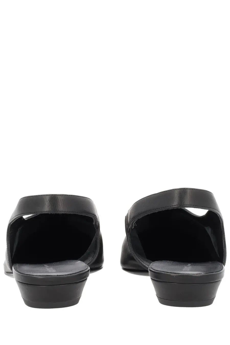 Black leather mules with low block heel and open back design by khaite women’s shoe celia black