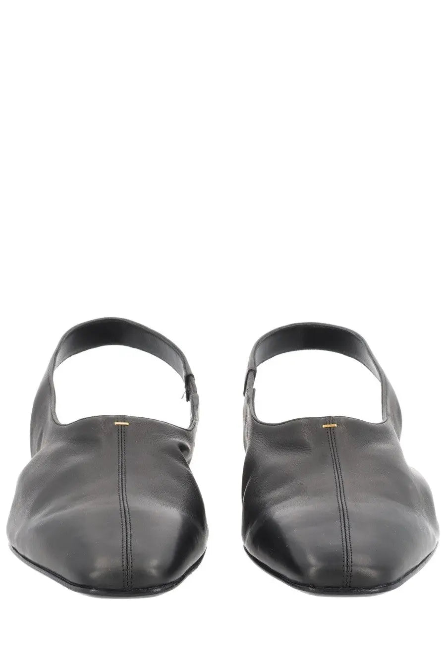 Khaite women’s shoe Celia black leather slingback flats with minimalist design and subtle gold stitching