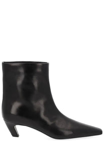Khaite women’s Stivale Arizona black patent leather ankle boot with sharp pointed toe and low block heel