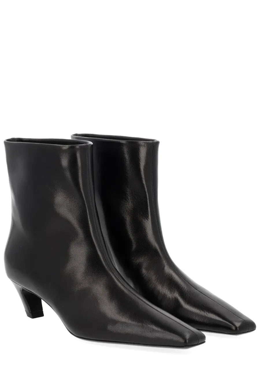 Khaite women’s Stivale Arizona black patent leather ankle boots with sleek pointed toe and low block heel