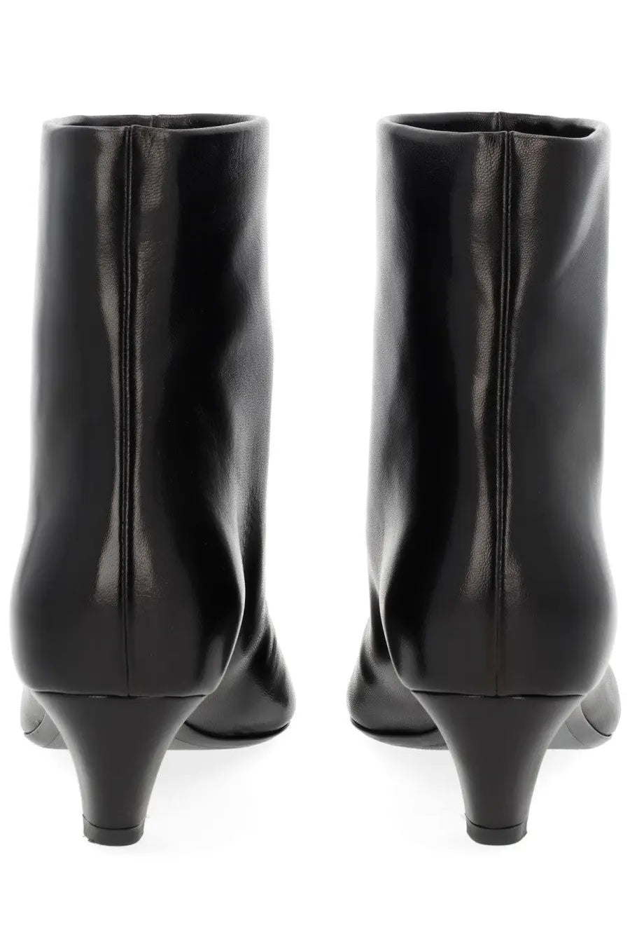 Khaite women’s Stivale Arizona black patent leather ankle boots with a sleek glossy finish and low block heel