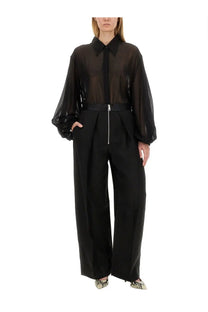 Khaite women’s black sheer blouse with long puffed sleeves and a structured collar in lightweight fabric
