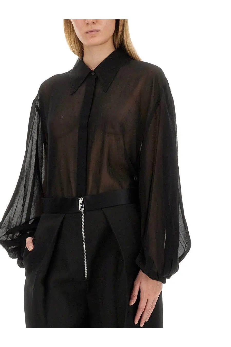 Khaite women’s top the bam black black sheer blouse with long sleeves and front zipper detail