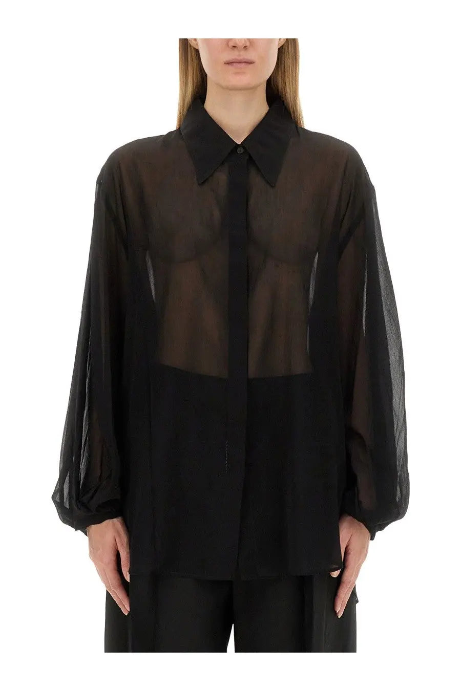 Khaite women’s top the bam black sheer blouse with solid black collar and long puffed sleeves