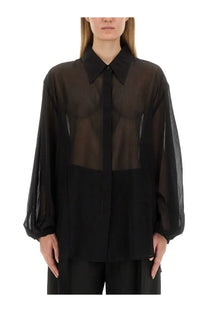 Khaite women’s top the bam black sheer blouse with solid black collar and long puffed sleeves