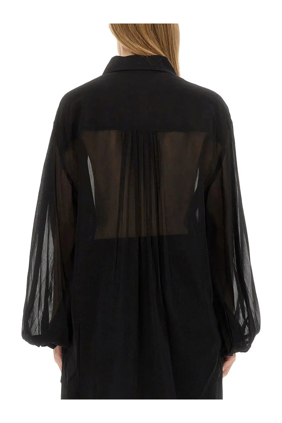 Khaite women’s top the bam black sheer blouse with solid black back panel and voluminous sleeves back view