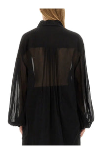 Khaite women’s top the bam black sheer blouse with solid black back panel and voluminous sleeves back view