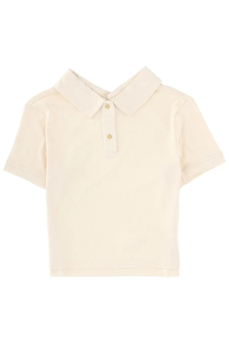 Cream-colored short-sleeved polo shirt with classic collar and two gold-toned buttons by Khaite Women Jasna White