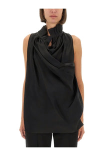 Khaite women’s black sleeveless top with draped ruched neckline and flowing fabric for elegant wear