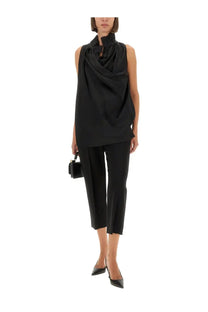 Khaite women’s black sleeveless top with draped ruffled neckline and flowing silhouette in lightweight fabric