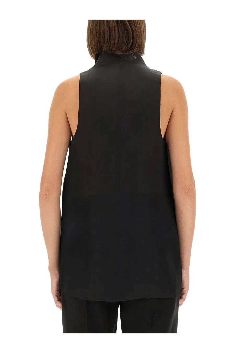 Khaite women’s black sleeveless top with high neckline and smooth flowing fabric perfect for stylish layering