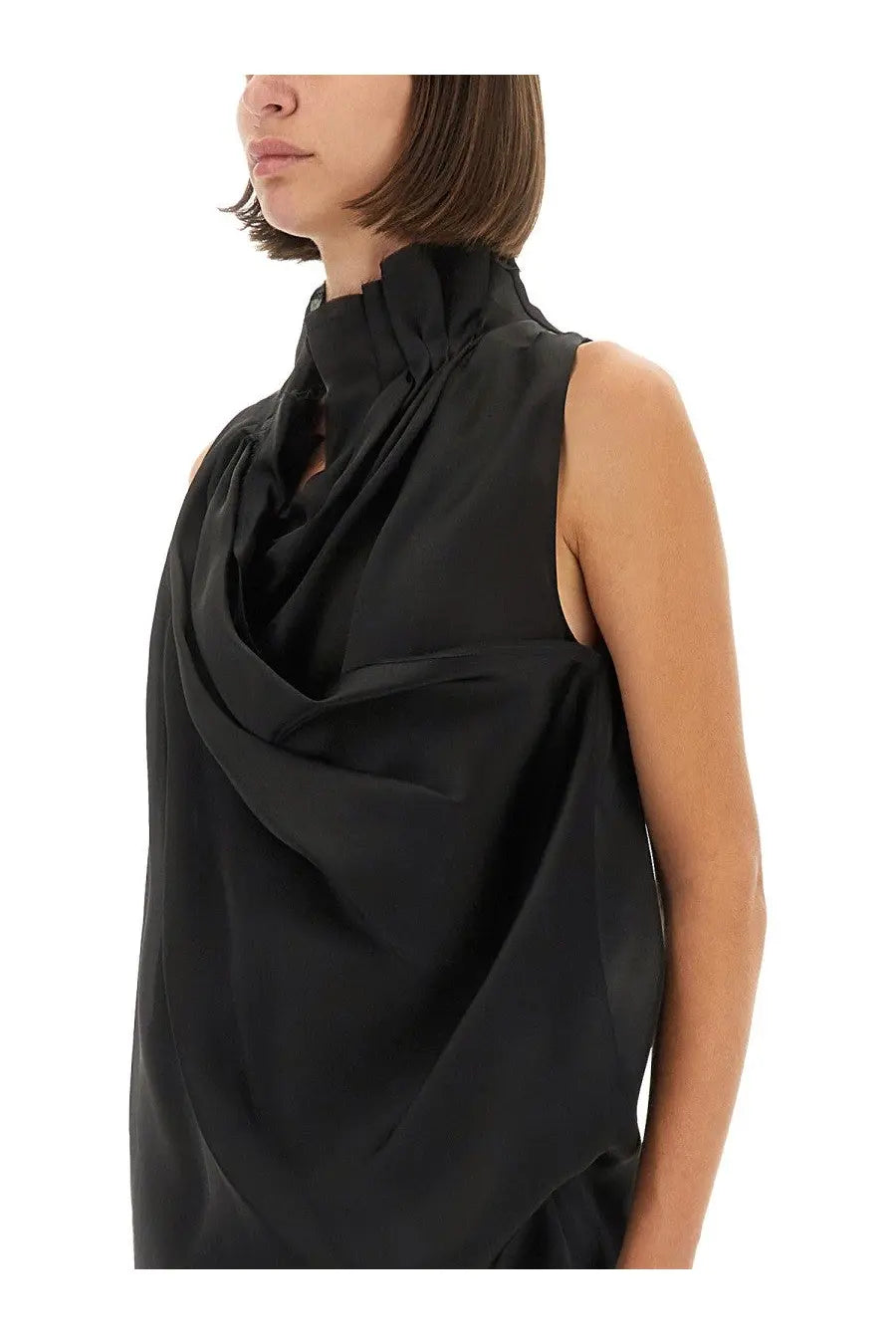 Khaite women’s black sleeveless top with high ruched neckline and flowing draped fabric in lightweight material