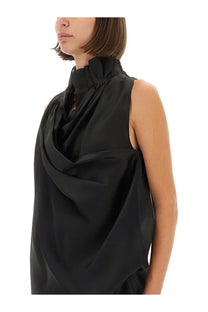 Khaite women’s black sleeveless top with high ruched neckline and flowing draped fabric in lightweight material