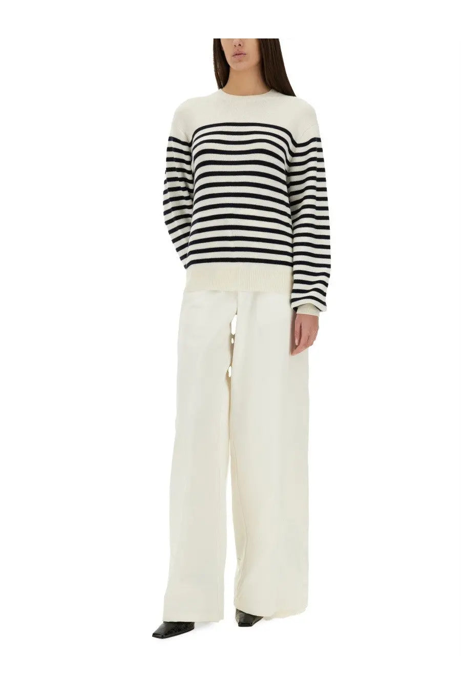 A cozy cream and black striped knit sweater with long sleeves from khaite women’s violet shirt multicolor collection