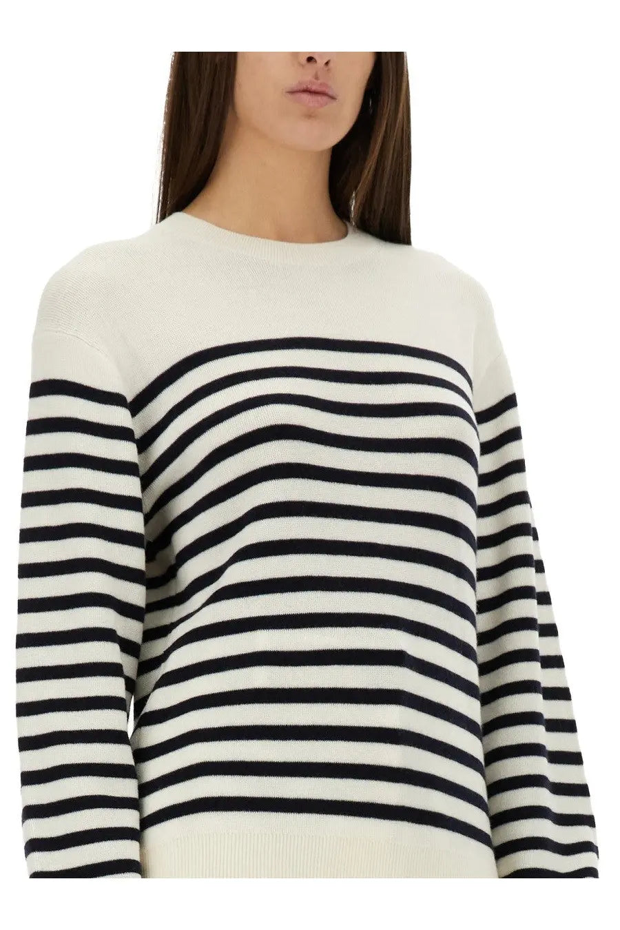 Khaite women’s violet shirt featuring a cozy off-white and black striped knit with a ribbed crew neckline