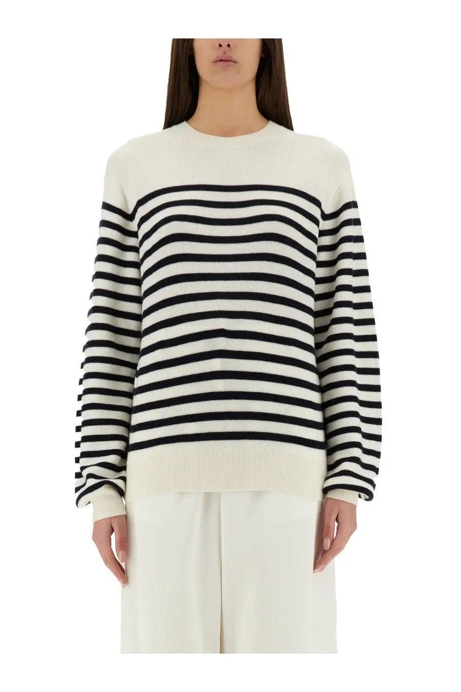 Khaite women’s violet shirt multicolor cozy off-white and black striped knit sweater with ribbed hem