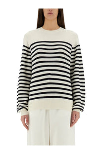 Khaite women’s violet shirt multicolor cozy off-white and black striped knit sweater with ribbed hem