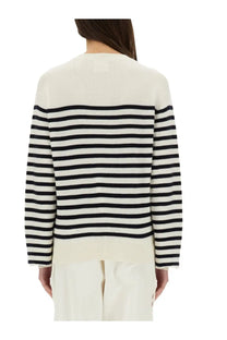 Khaite women’s violet shirt multicolor cream and black striped knit sweater with round neckline front view