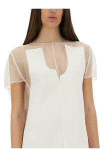 Khaite women’s Winona white dress with sheer translucent sleeves and matching transparent neckline panel