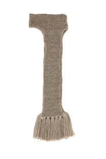 A beige knitted scarf with textured weave and fringe detailing for kijima takayuki men’s knitted ear band grey product