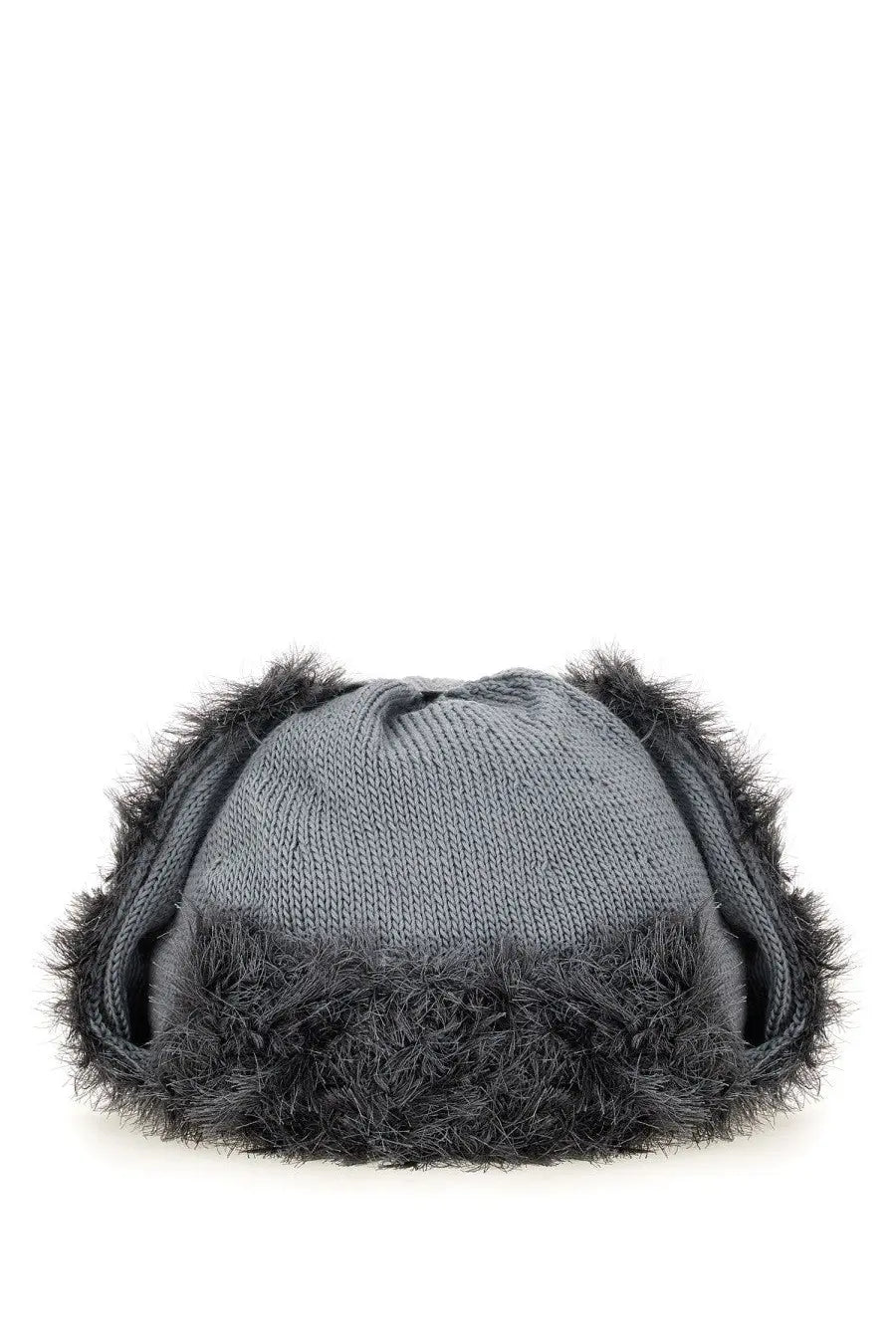 Gray knitted beanie with black faux fur trim from kijima takayuki mens wool knit aviator hat grey collection