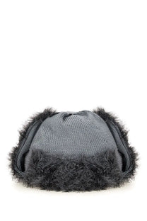 Gray knitted beanie with black faux fur trim from kijima takayuki mens wool knit aviator hat grey collection